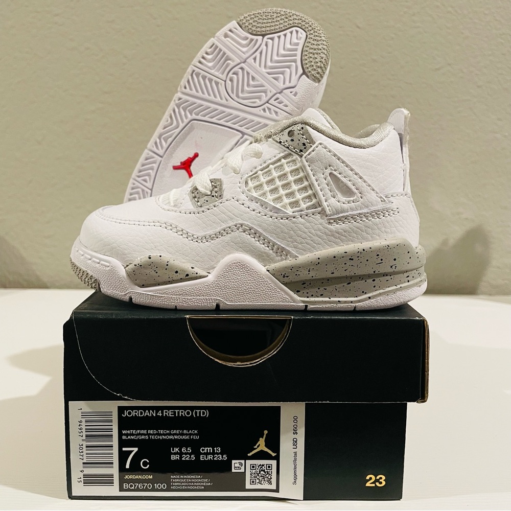 Jordan 4 Retro (TD) White Oreo, Size 7c, White Fire Red Tech Grey Black